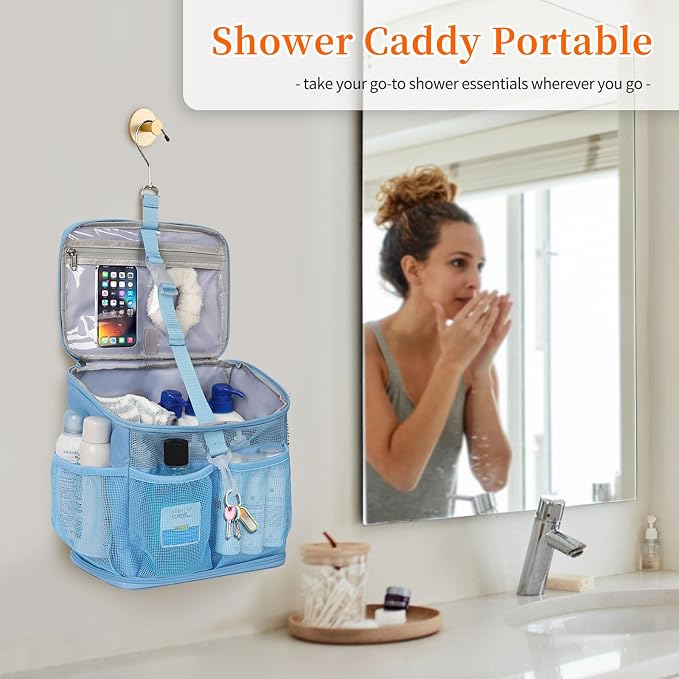 CUBETASTIC Shower Caddy Portable Mesh Shower Tote for Bathroom, Gym, Travel, Camping - Quick Dry Hanging Organizer Toiletry Bag with Handle for College Dorm Room, Men & Women (A# Blue, 9.8") - Image 6