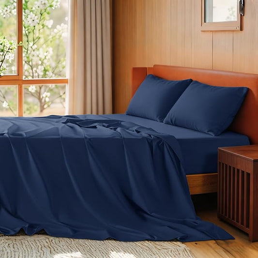 SONORO KATE 100% Egyptian Cotton Sheets King Size - 600 Thread Count, Luxury Hotel Sateen Weave Bedding Set, Soft Breathable Sheet Sets, 16" Deep Pocket - 4 PC(Navy Blue,King)