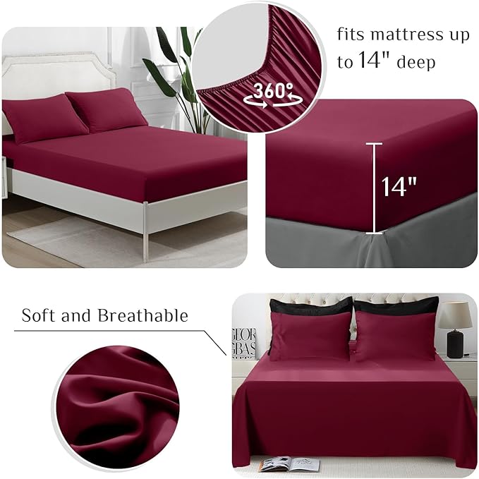 JOLLYVOGUE King Comforter Set, Ultra-Soft Bed in a Bag King Size 7 Pieces, Oeko-TEX Certified Bedding Set with Down Alternative Comforter, Sheets, Pillowcases & Shams, Burgundy & Black