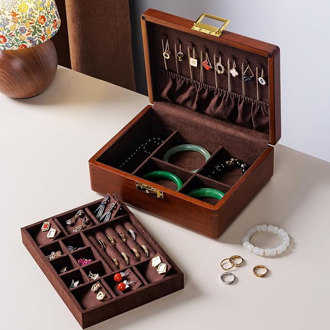 Solid Walnut Wood Jewelry Box with Lock, 2 Layer Velvet Jewelry Organizer Storage Lined for Earrings Rings Necklaces Bracelets Cufflink Gift Idea for Men Women, Vintage Brown - Image 2