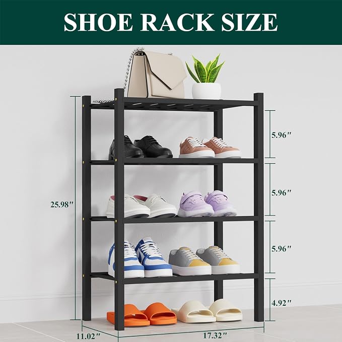 Smiry Shoe Rack, 4 Tier Thick Small Bamboo Shoe Organizer, Stackable Free Standing Wooden Shoe Storage Shelf for Closet, Entryway, Front Door Entrance, Black - Image 2