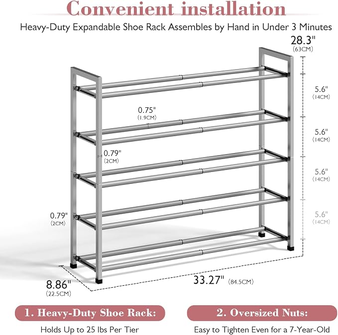 Bumusty 5-Tier Expandable Shoe Rack for Closet, 18“-33” Adjustable Shoe Rack for Small Space, Small Shoe Organizer for Front Door, Sturdy Metal, Light Grey - Image 3