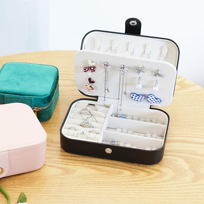 Travel Jewelry Case for Women Girls,PU Leather Small Travel Box Organizer, 6.3x4.3,Black,1Pack - Image 4