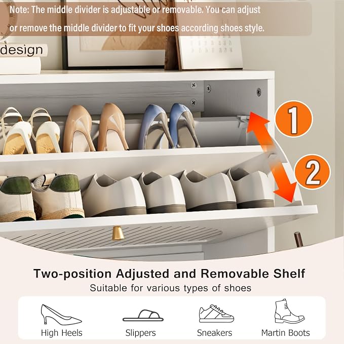 Fsbecl Shoe Storage Cabinet for Entryway with 2 Flip Drawers, Narrow Wood Shoe Cabinet with Fluted Panel, Freestanding Hidden Shoe Organizer for Foyer, Hallway (White - with Shelf) - Image 5