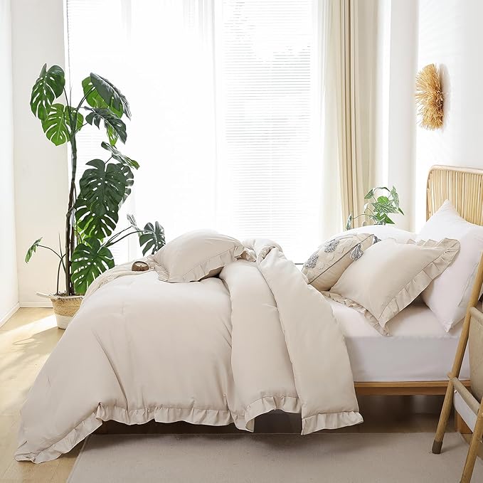 JANZAA Queen Size Comforter Beige Ruffle Comforter Set for Queen Bed 3PCS (1 Off White Comforter and 2 Pillowcases) Vintage Shabby Chic Bedding Soft Fluffy Bed Set for All Season
