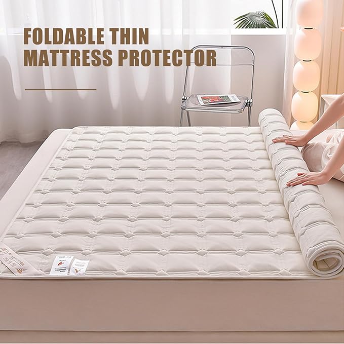 Queen Mattress Protector Cover with Elastic Straps - Thin Foldable Quilted Cover Pad for Student Dormitory - Soft & Comfortable, Breathable Cool Mat - Machine Washable