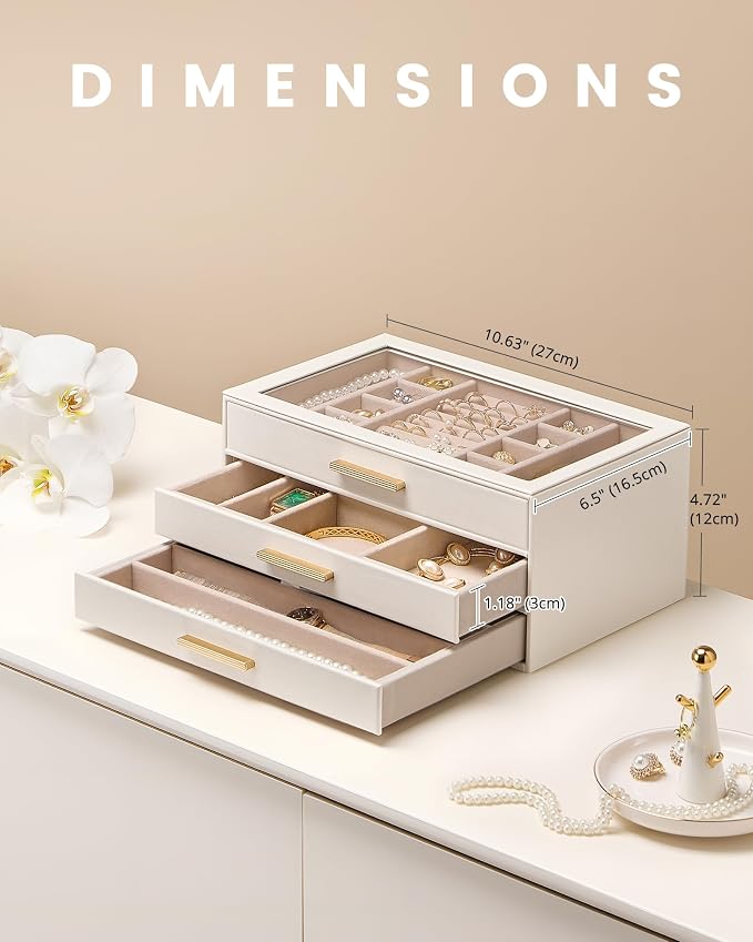 Lolalet Jewelry Box Organizer, 3-Layer Jewelry Organizers and Storage Case with Glass Lid, Ring Earring Bracelet Necklace Holder Organizer, Mothers Day Gifts for Mom, Women Girls -3Layer, Beige - Image 4