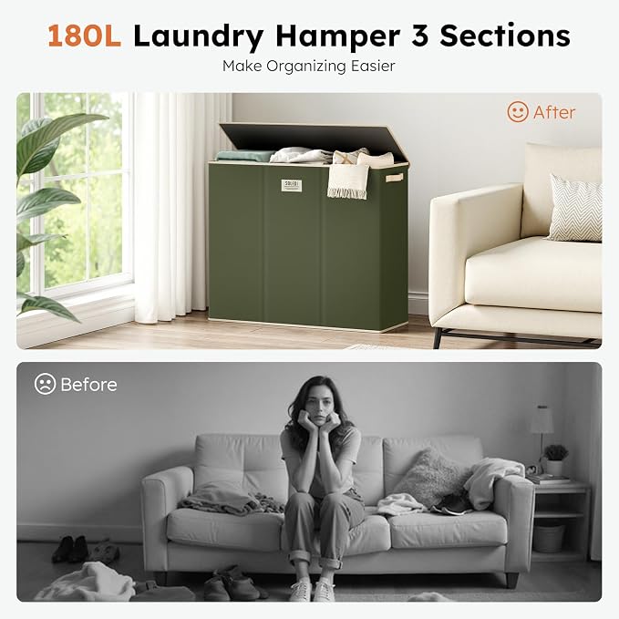SOLEDI 180L 3-Section Laundry Hamper with Lid, Extra Large Dirty Clothes Basket with Sturdy Handles for Laundry Room & Bedroom - Durable Organizer for Sorting Laundry - Image 6