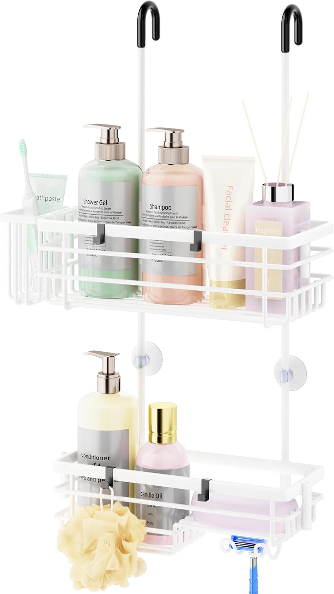 HapiRm Hanging Shower Caddy Organizer - No Drilling Shower Shelves with Hooks and Toothbrush Holder, Rustproof 304 Stainless Steel Bathroom Organizer - White by HapiRm