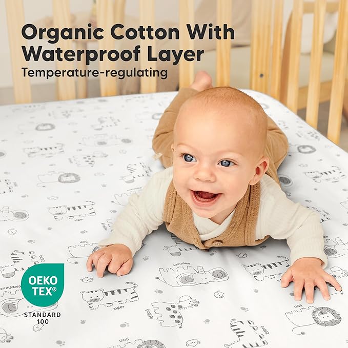2-Pack Waterproof Crib Sheets for Boys, Girls - 52x28 Fitted Organic Cotton Baby Crib Sheets, Toddler Mattress Protector Cover, Washable, Soft & Durable Baby Bedding Essentials (KeaSafari)
