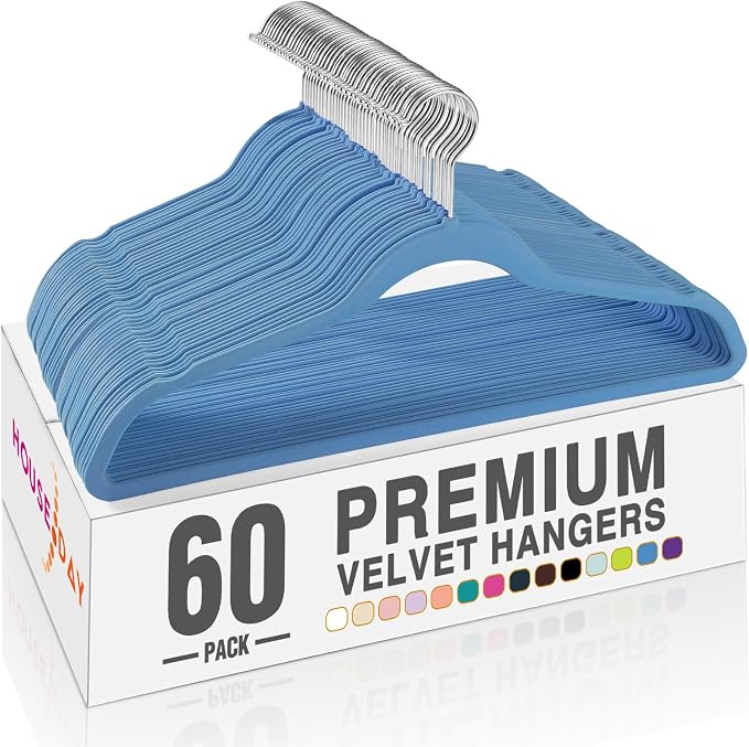 HOUSE DAY Tranquil Blue Velvet Hangers 60 Pack, Non Slip Clothes Felt Hanger Heavy Duty for Coat, Premium Slim Space Saving Suit Hangers for Closet Organizer, 360° Rotating Silver Hook by HOUSEDAY