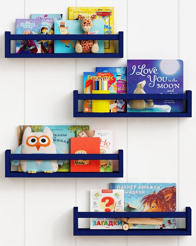 Forbena Navy Blue Floating Book Shelves for Nursery Boy, Decorative Wall Bookshelf for Kids Room, Small Wood Floating Shelves Wall Mounted for Boys Bedroom Bathroom (Set of 4, Blue) by Forbena