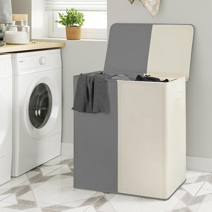 WOWLIVE Double Laundry Baseket with Lid and Removable Laundry Bags,154L Large Laundry Hamper 2 Section Collapsible Dirty Clothes Hamper for Laundry Room,College Dorm,Bathroom,Grey and Beige - Image 2