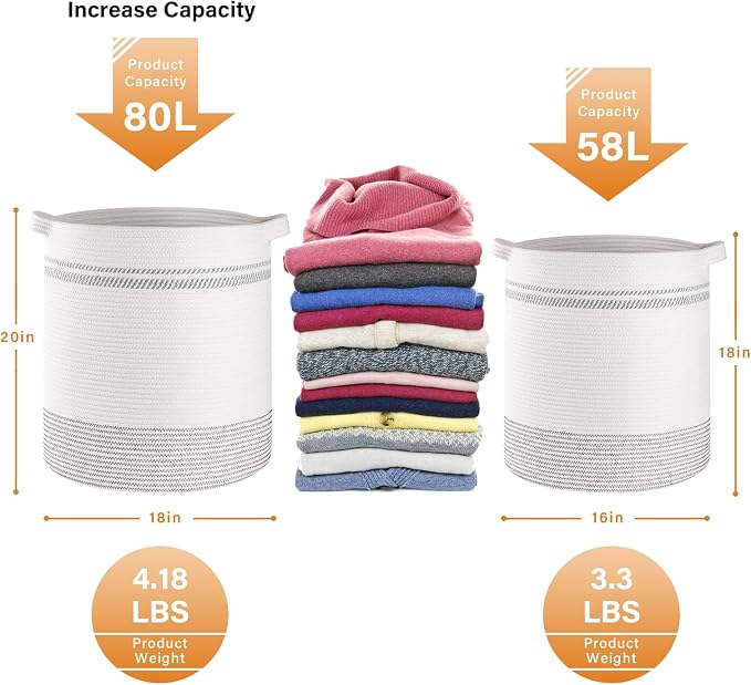 OIAHOMY 80L Laundry Basket, Laundry Hamper, Cotton Rope Storage Basket with Handles, Decorative Woven Basket for Living Room,Storage Baskets for Clothes, Blankets, and Toys -20''×18'', White&Gray - Image 4
