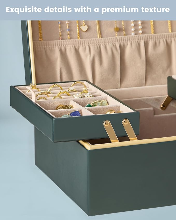 Lolalet Jewelry Box Organizer for Women Girls, 2 Layer Jewelry Organizers and Storage for Necklace Earrings Rings Bracelets, Large Jewellery Holder Case Birthday Mothers Day Gifts -DarkEmerald - Image 6