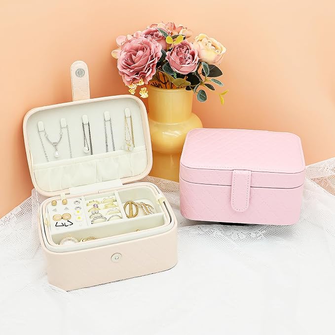Jewelry Travel Case, 2-Layer Jewelry Box Organizer Medium Jewelry Travel Box, Portable Faux Leather Jewellery Storage Boxes with Argyle for Women, Daily Jewellery Case Home Use (Apricot beige) - Image 6