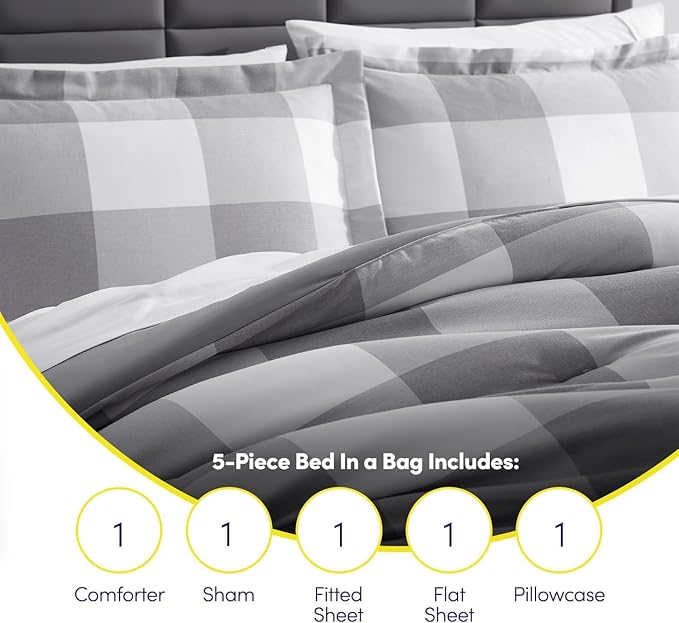 Twin XL Comforter Set with Sheets - 5-Piece Bedding Collection - 1 Comforter, 1 Fitted Sheet, 1 Flat, 2 Pillowcases - Deep Pocket - Soft & Premium Quality - Ideal for All Seasons, Gray Plaid | Breathable material, Beautifule Designs, Durable fabric