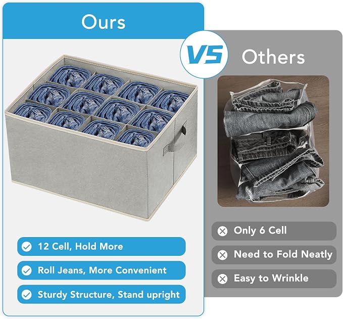 3 Pcs 12 Cell Large Size Pants Organizers for Clothes, Jeans, Sweater, T-shirt, Dress Stackable for Wardrobe Closet Drawer Organizer Storage Bin Container, Grey - Image 3