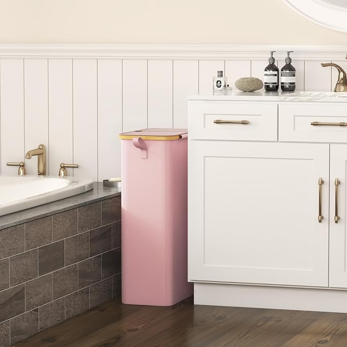Lifewit 75L Slim Laundry Hamper with Lid, Narrow Laundry Basket with Removable Bag & Bamboo Handles, Fodable Thin Dirty Clothes Hamper for Laundry Collapsible Bin for Bathroom Bedroom Dorm, Pink - Image 2