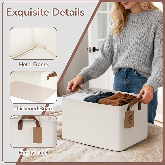 CHICVITA 4 Pack Large Storage Baskets for Shelves, Collapsible Closet Organizer Bins with Metal Frame, Fabric Storage Bins for Clothes Towels Organization, 16.8" x 11" x 9.8", Beige - Image 5