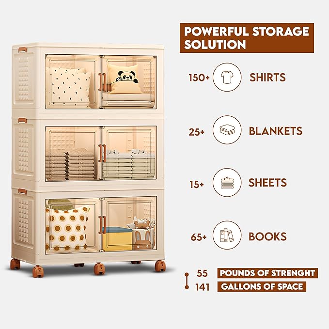 FINCHESCLUB 568QT XL Stackable Storage Bins with Lids, 141Gal Foldable Storage Bins with Doors, Wheels and Lights - Collapsible Closet Cabinets for Home Office - 3 Pack - Off White