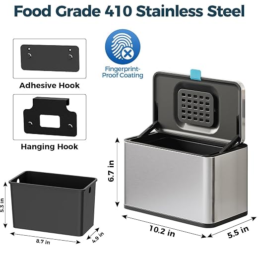 Stainless Steel Hanging Trash Can with Lid and Inner Bucket, 1 Gallon Kitchen Compost Bin for Counter Top, Under Sink or Wall Mount, Small Garbage Can for Cupboard/Bathroom/Bedroom/RV - Image 6