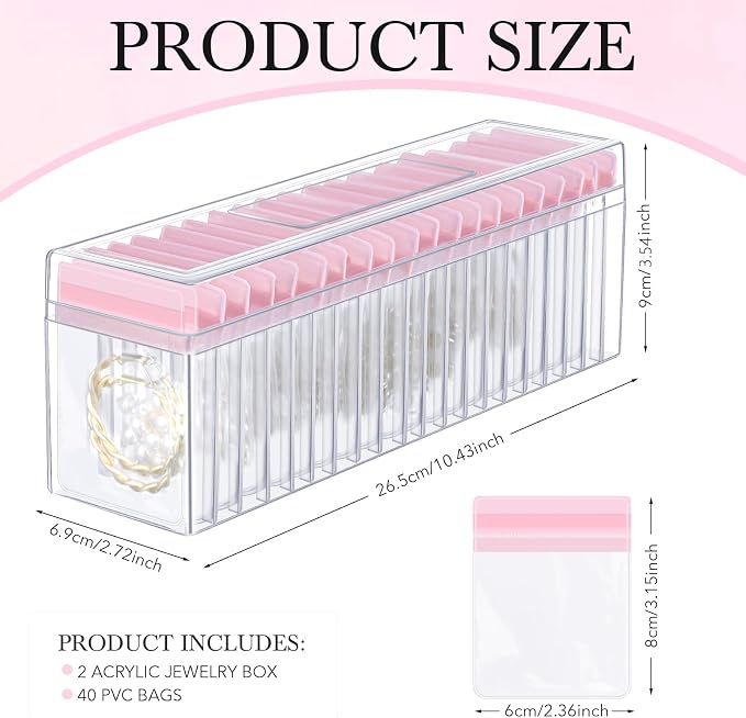 Kenning 42 Pcs Acrylic Jewelry Case Organizer, Clear Jewelry Organizers Holder with Portable Anti Tarnish Storage Bags for Rings, Earrings, Necklaces, Ideal Gifts for Women (Pink) - Image 2