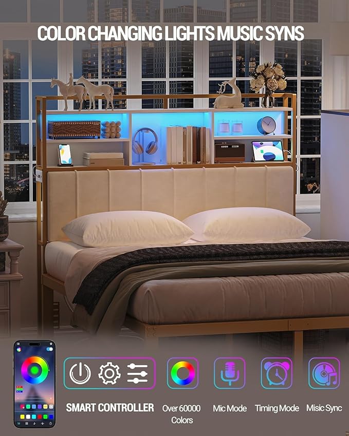 Hzuaneri Headboard with 3-Tier Storage Shelves, Velvet Upholstered Head Board with 2 Outlets, USB Ports & LED Light, Soft Backrest for Queen Size Bed, White and Gold BH15203AV1