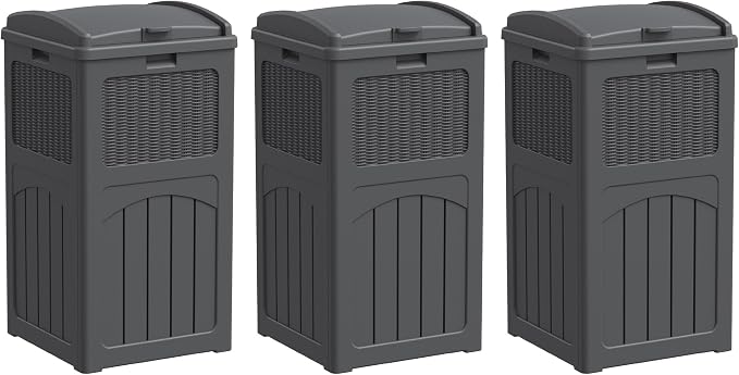 Greesum 33 Gallon Outdoor Trash Can with Lid, Waterproof Resin Garbage Bin for Hideaway, Deck, Patio, 3 Pack, Gray by BuynowfromGreesum