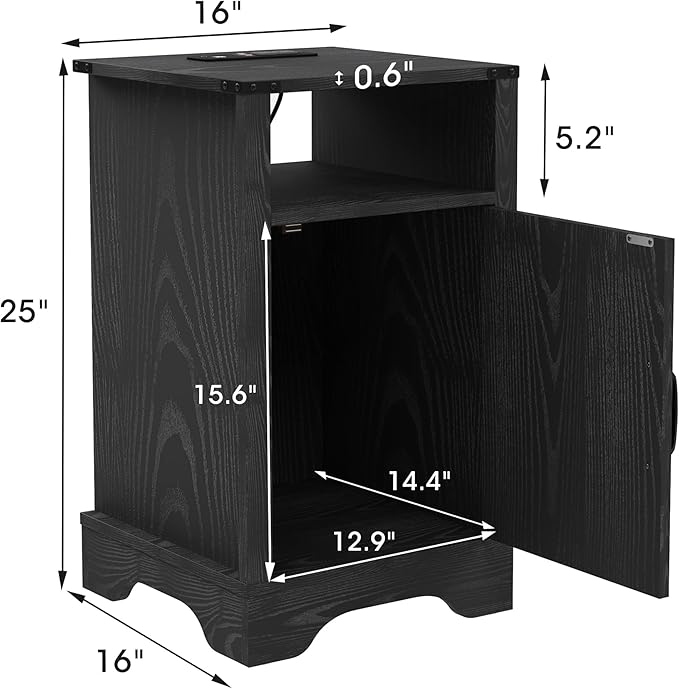 RoyalCraft 25" Tall Nightstands Set of 2, Farmhouse Nightstand with Charging Station, Large Wood End Table with Storage, Black Bedside Table for Bedroom