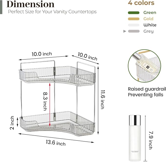 Aveniee Corner Bathroom Counter Organizer, Bathroom Countertop Shelf Makeup Organizer for Vanity Perfume Tray for Corner Storage (2 Tiers, Grey) - Image 3