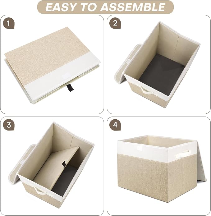 Bagnizer Large 22 Quart Linen Fabric Foldable Storage Bin Cube Organizer Basket with Flip-Top Lid & Handles, Clothes Blanket Box for Home, Office, Closet, Beige & White, 4 Pack 14.6 x 9.5 x 9.5” - Image 3