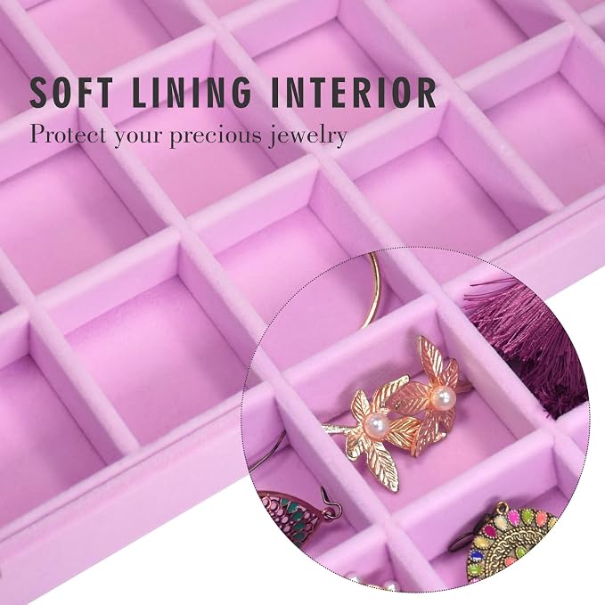 Siveit Velvet Jewelry Tray 48 Grid Jewelry Display Tray Organizer Box with Transparent Lid Rings Earrings Necklaces Pendants Display Box Suitable for Women and Girls (Pink) - Image 2