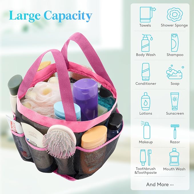 Lifewit Mesh Shower Caddy Portable for College Dorm Room Essentials with 7 Pockets, Freestanding Hanging Organizer Basket, Quick Dry Tote Bag for Camping, Bathroom, Beach, Travel, 1 Pack, Pink - Image 4