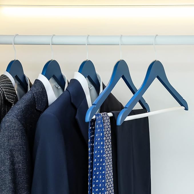 TOPIA HANGER Premium Wooden Hangers with Non-Slip Pant Bar, 360°Swivel Hook and Shoulder Notches, 16 Pack Solid Wood Clothes Hangers for Suit, Coat, Jacket, Camisole(Blue/White)-CT35BW1 - Image 6
