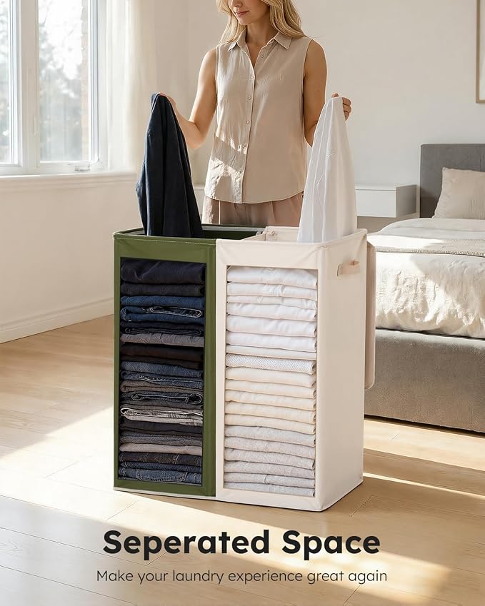 SOLEDI Large Double Laundry Hamper with Lid, Collapsible Clothes Hamper 2 section with Removable Bags, Space-Saving Laundry Basket for Bedroom, Dorm, College - Image 3