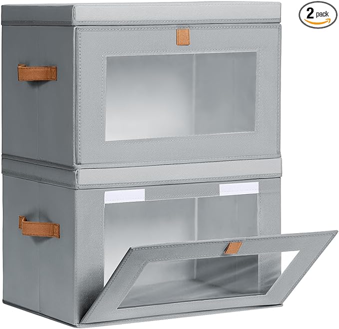 Homsorout Large Closet Storage Organizer - Clothes Storage Bins with Handles & Window, Collapsible Decorative Boxes with Lids, Fabric Containers for Living Room, Dorm, 2 Pack, Grey by Homsorout
