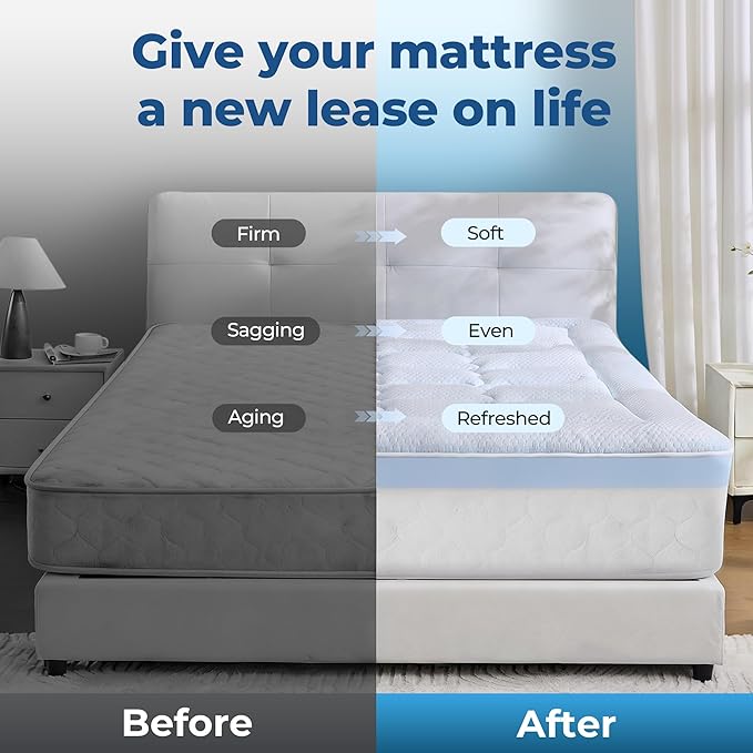 BDEUS 4 Inch Dual Layer Memory Foam Mattress Topper Full Size, 2 Inch Gel Memory Foam, 2 Inch Cooling Pillow Top Mattress Pad Cover for Back Pain & Hot Sleeper