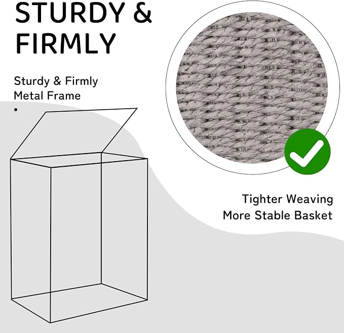 OIAHOMY Laundry Hamper with Lid, 90L(23.8 Gal) Large Wicker Laundry Basket for Bedroom, Handwoven Paper Rope Clothes Hamper with Washable Liner & Metal Frame, Decorative Organizer for Bathroom Grey - Image 4