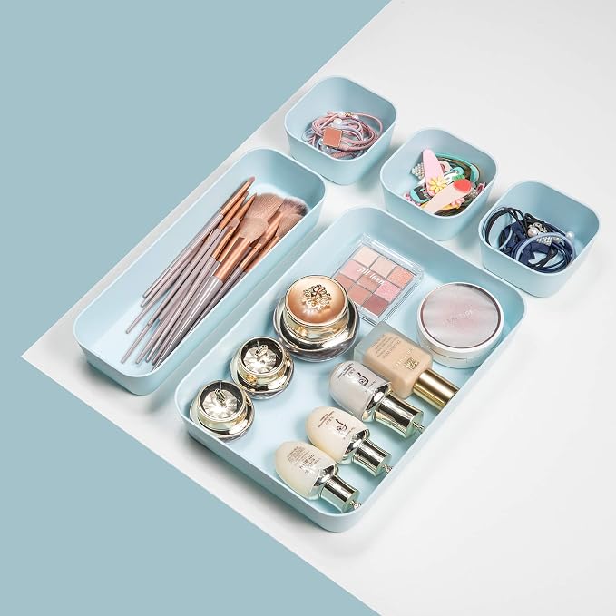 Backerysupply Set Of 12 Blue Color Plastic Desk Drawer Organizers For Makeup Bathroom Office Kitchen Vanity Drawer Storage Box Container - Image 4