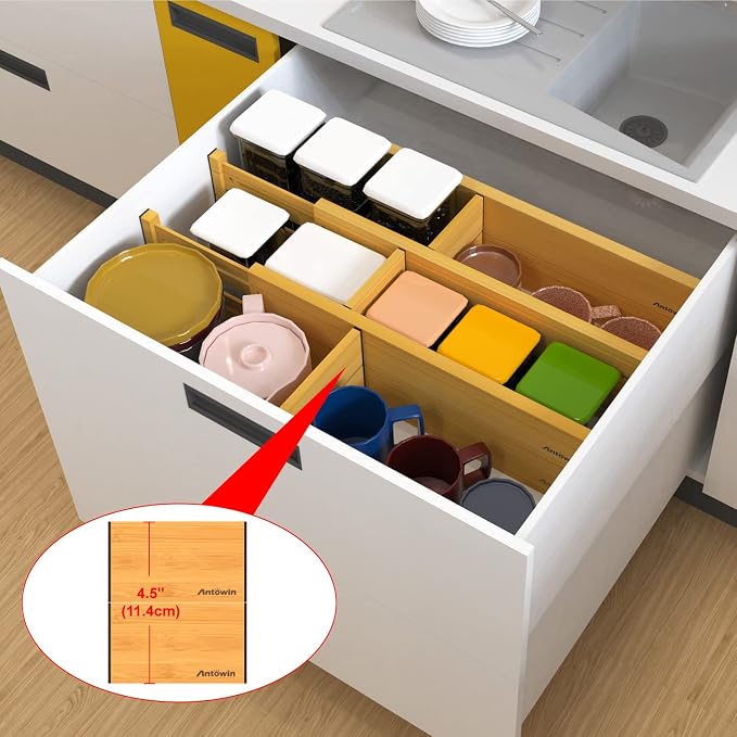 ANTOWIN Bamboo Drawer Dividers Organizers, Drawer Separators Splitter,17-22 inches Long Adjustable Spring-loaded Organizer for Large Utensil, Clothes, Tools Drawers(yellow) - Image 9