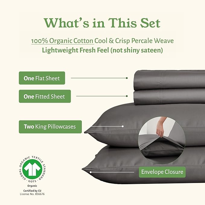 California Design Den King Bed Sheets Set - Soft 100% Organic Cotton Sheets with Deep Pockets, Crisp Percale, Breathable and Durable Bedding Set - Grey