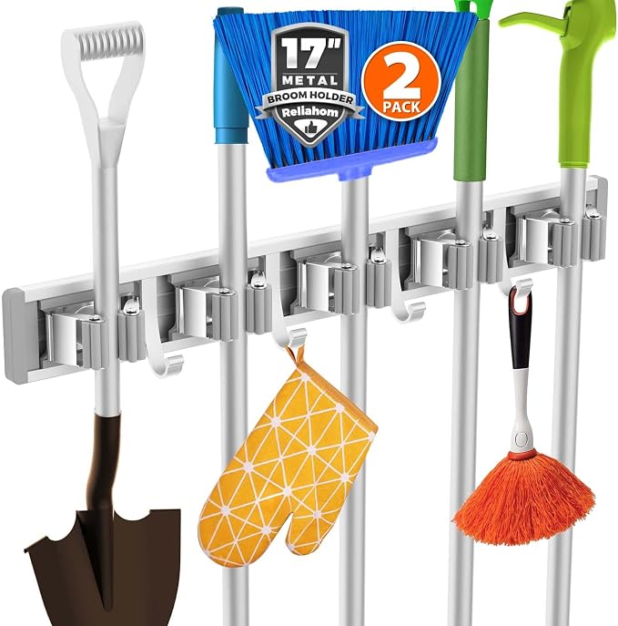 reliahom Broom Holder Wall Mount, 2 Pack 5 Racks with 4 Hooks Silver - Mop Storage Tool Racks, Broom Hanger Tool Organizer for Garage, Kitchen, Garden, Laundry Room by reliahom