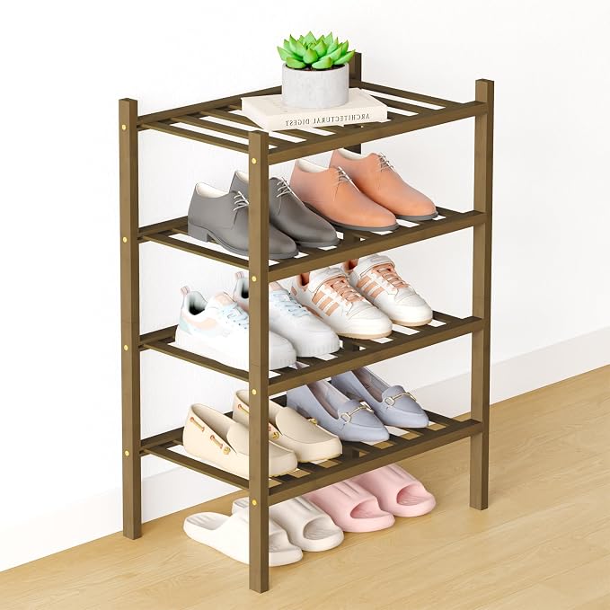 Smiry Bamboo Shoe Rack for Closet, 4 Tier Small Wooden Stackable Shoe Organizer, Free Standing Shoes Storage Shelf for Entryway, Front Door Entrance, Walnut by Smiry