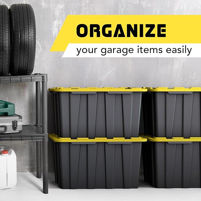 4 PACK Large Black & Yellow Storage Bins | Plastic Tote Organizing Container with Secure Latching Lids, Stackable, Extra Strength with Built in Handle | Black and Yellow Bins | 24.5" x 16.5" x 13.5" - Image 5