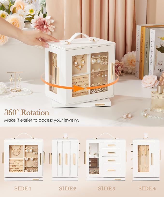 Homde Mothers Day Gifts Jewelry Box 360° Rotating, Necklace Earring Organizer with Transparent Window, Mirror, 7 Drawers, Large Ring Display Storage Case for Girls Women (White) - Image 3