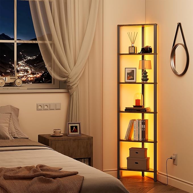 TUTOTAK Corner Shelf with LED Light, 6-Tier Corner Bookshelf for Small Space, Narrow Display Corner Shelf Stand with Storage Rack, for Living Room, Bedroom, Rustic Brown BS05BB006L - Image 3