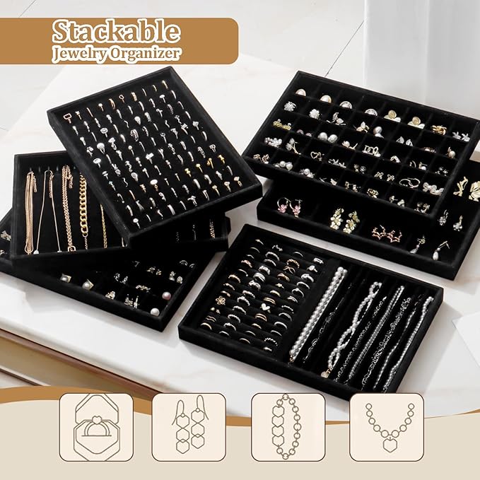 Large Velvet Jewelry Tray 2 Pack Stackable Jewelry Display Drawer Inserts Trays Organizer for Earring Bracelet Necklace Ring (Black, Ring and 9 Grids) - Image 6