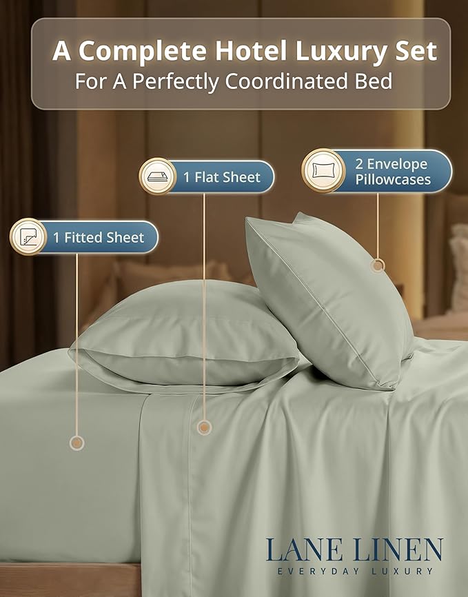 LANE LINEN King Size Sheets – 600 Thread Count Long-Staple 100% Cotton King Bed Sheets, Sustainably Produced & Oeko-Tex Certified, Soft Silky Sateen Finish, 15" Deep Pocket Fitted Sheet – Mineral