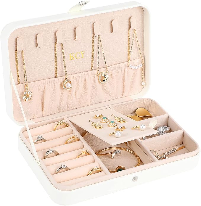 KCY Jewelry Box for Women Girls,Small Travel Jewelry Organizer Case,PU Leather Portable Jewellery Storage Boxes Display Holder for Ring Earrings Necklace Bracelet Bangle, Men Teen Kids Gift, White by KCY